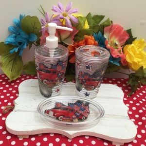 Patriotic inspired soap dispenser set/Patriotic toothbrush holder/soap dish.
